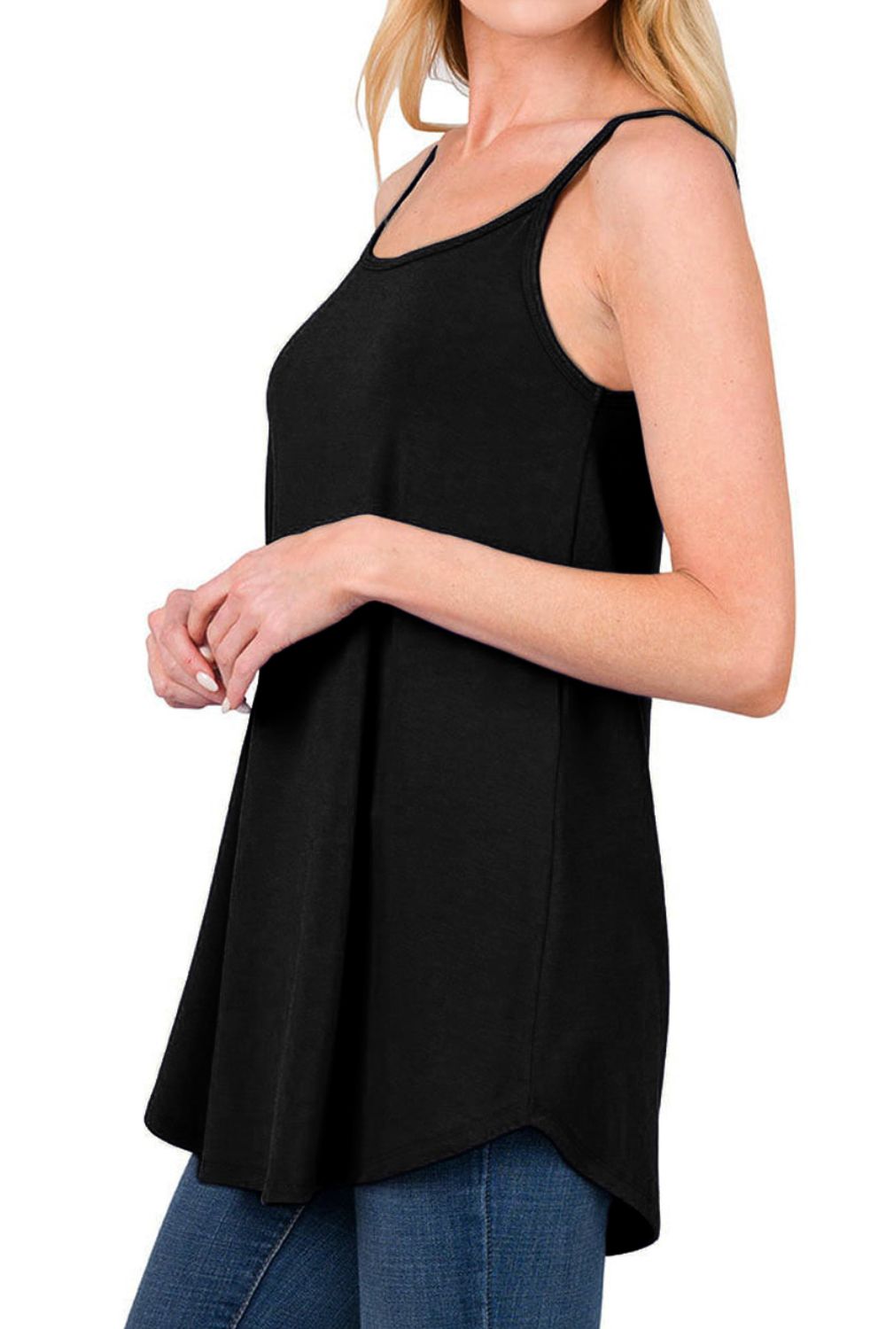 Black cami with spaghetti straps and curved hemline