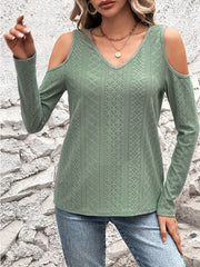 Sage open-shoulder knit top with geometric eyelet pattern and V-neck