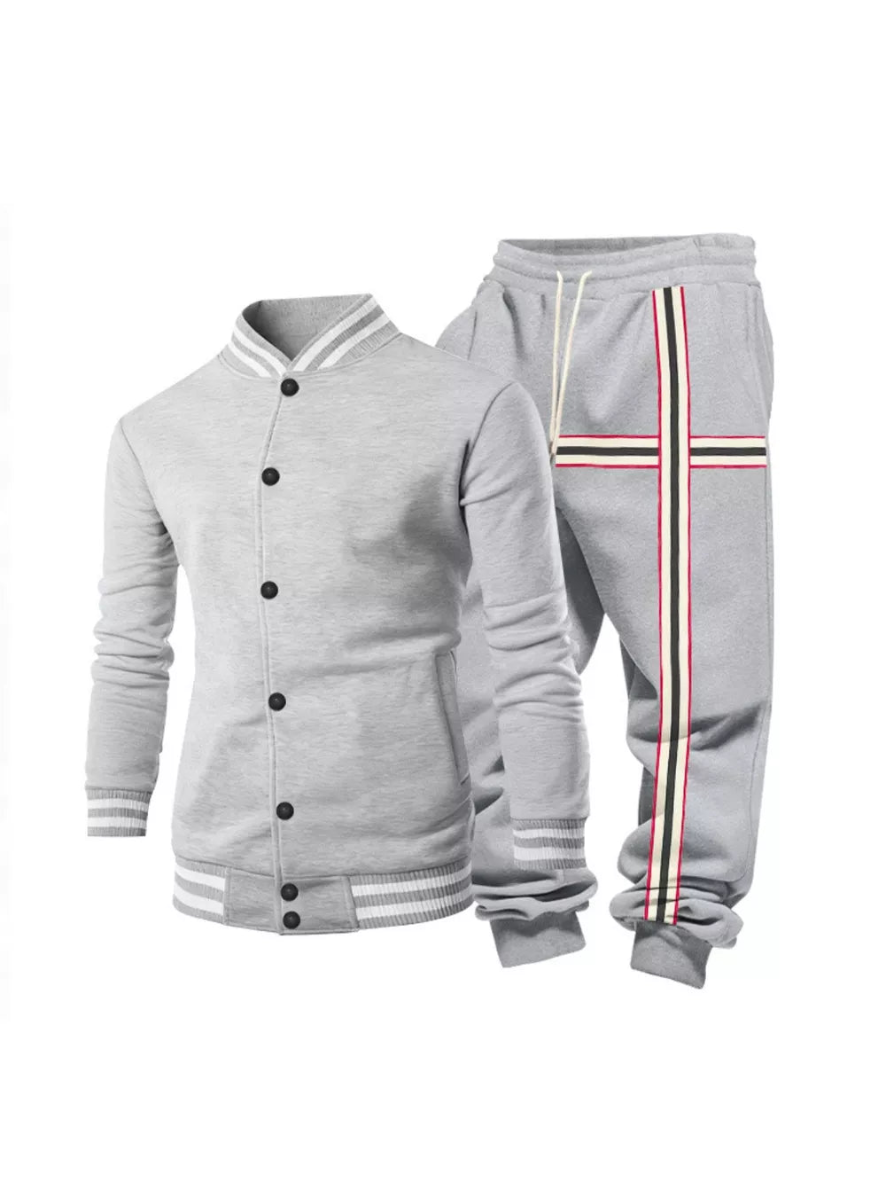 Light gray men's tracksuit set with striped details on collar, cuffs, and pants.