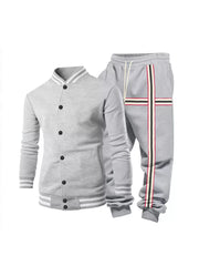 Light gray men's tracksuit set with striped details on collar, cuffs, and pants.