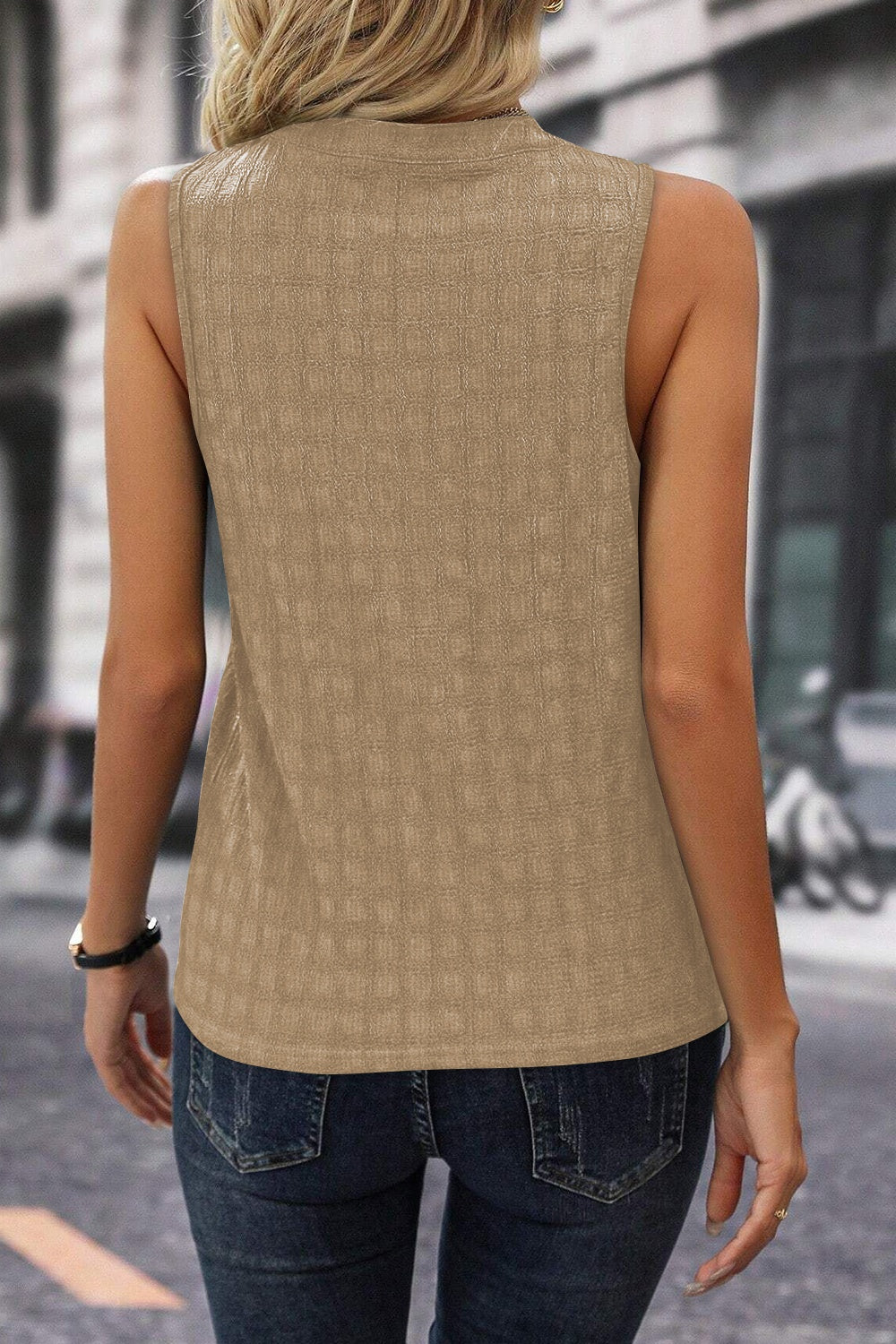 Khaki mandarin collar tank top with subtle textured pattern.