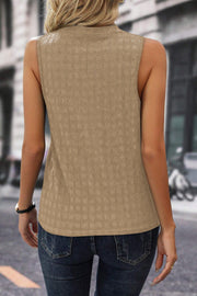 Khaki mandarin collar tank top with subtle textured pattern.