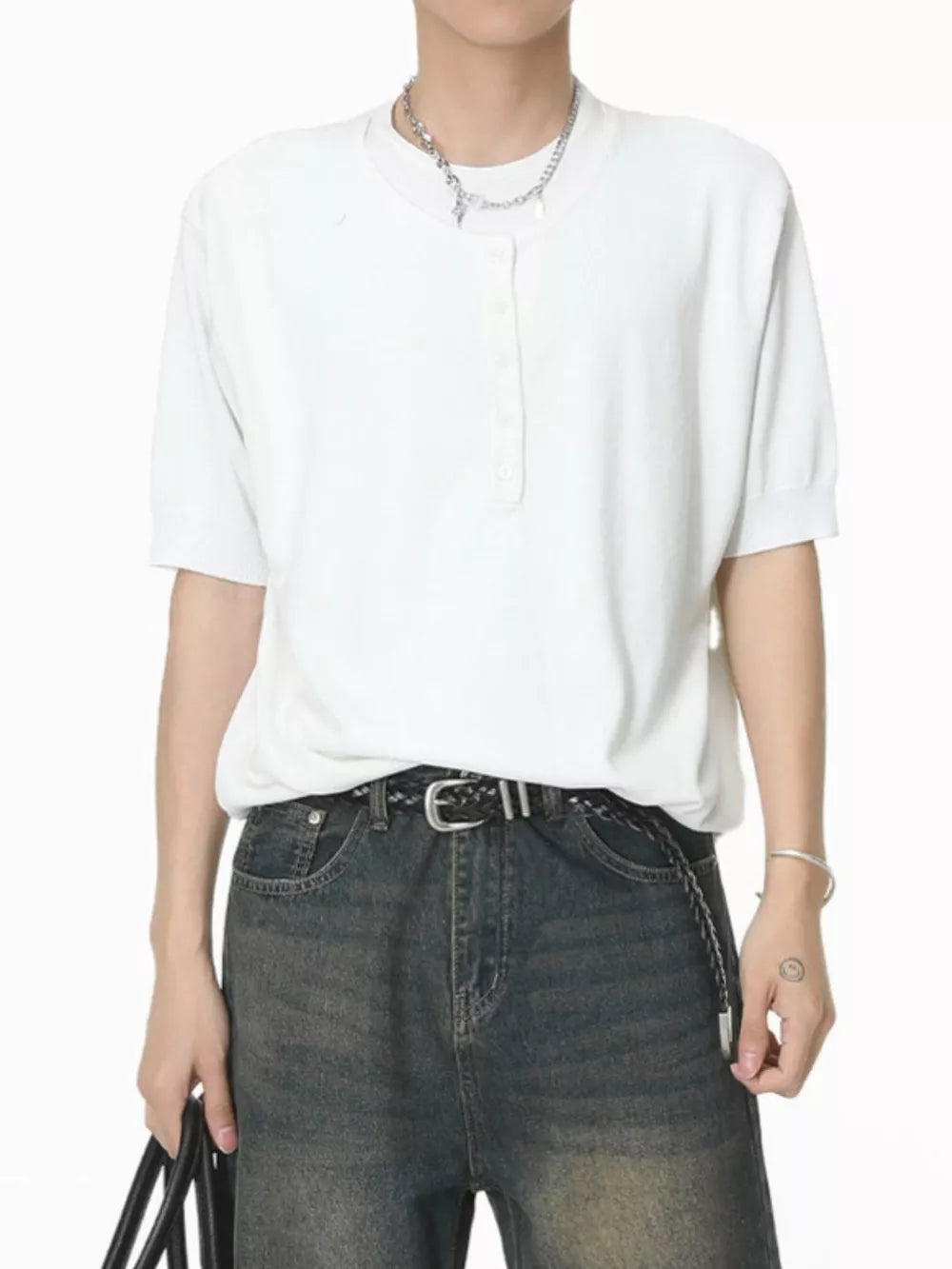 White short sleeve henley t-shirt with button placket and crew neck.