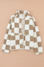 Teddy checkered utility jacket in Dust Storm with fuzzy texture and snap button closure.