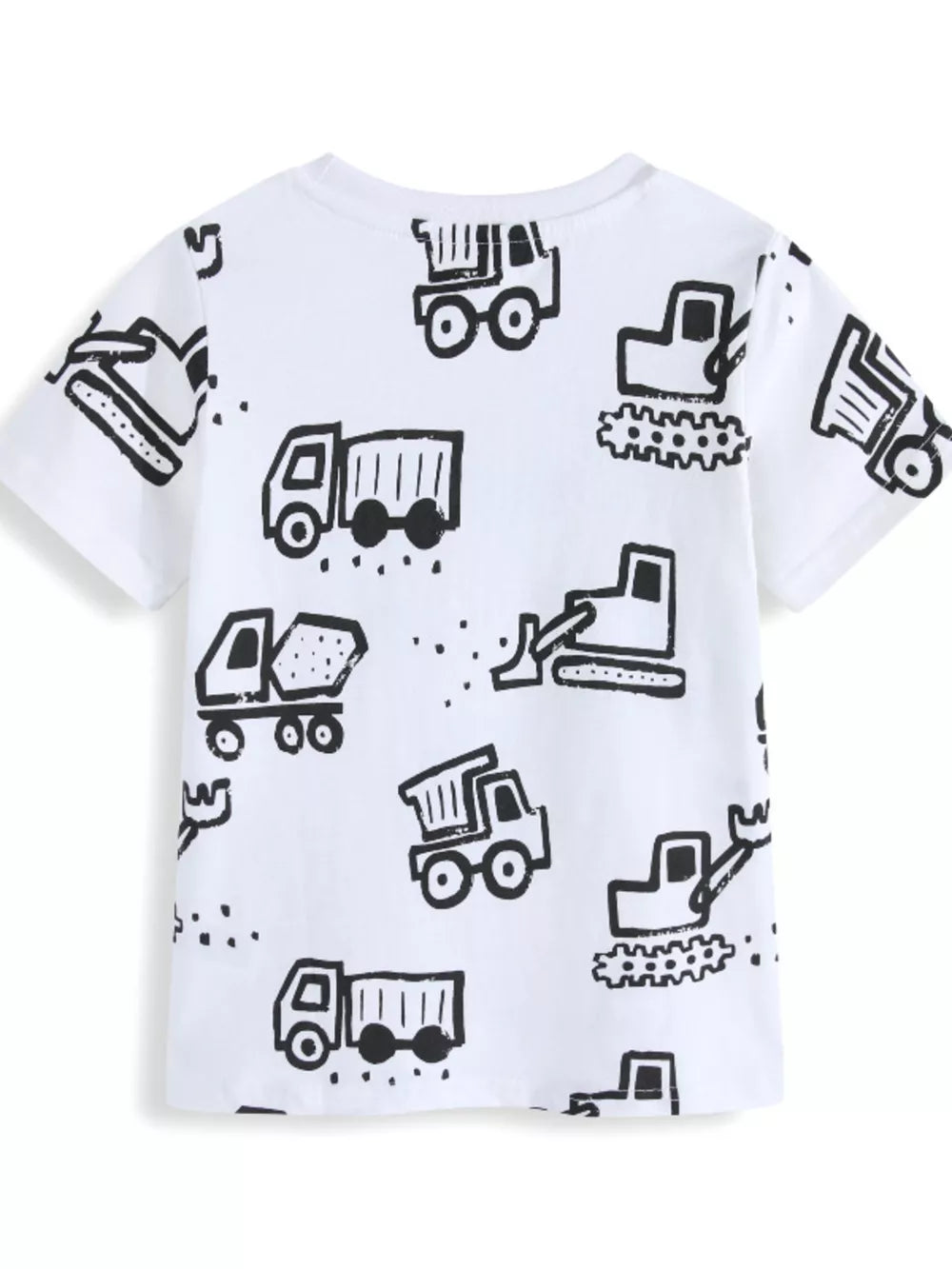 White cotton kids' t-shirt with black construction vehicle print.