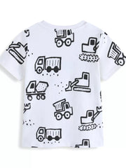 White cotton kids' t-shirt with black construction vehicle print.