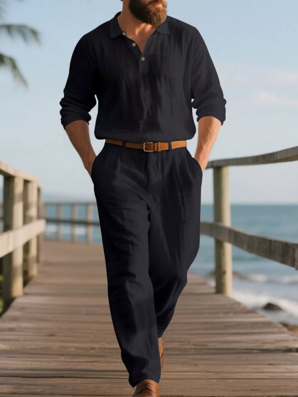 Black linen blend long sleeve collared top and pants set for men.