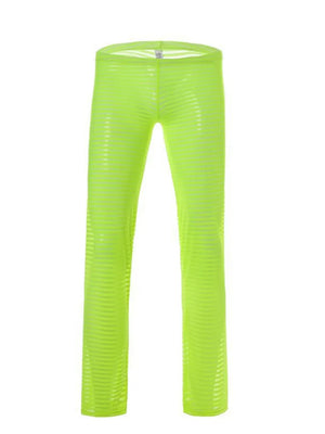 Neon green sheer flare trousers with horizontal stripes