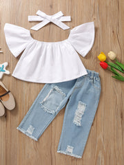 Toddler white off-shoulder ruffle top and distressed light wash denim jeans set with headband.