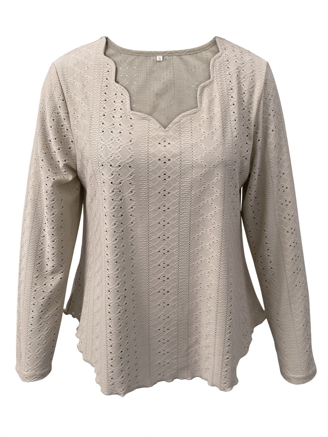 Mocha scalloped eyelet yoke blouse with long sleeves and a scalloped hem.