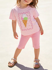 Pink cotton capri set with ice cream graphic tee and capri shorts.