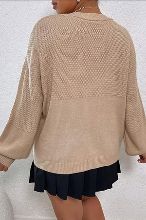 Khaki knit cardigan with textured yoke and sleeves, relaxed fit, crew neck.