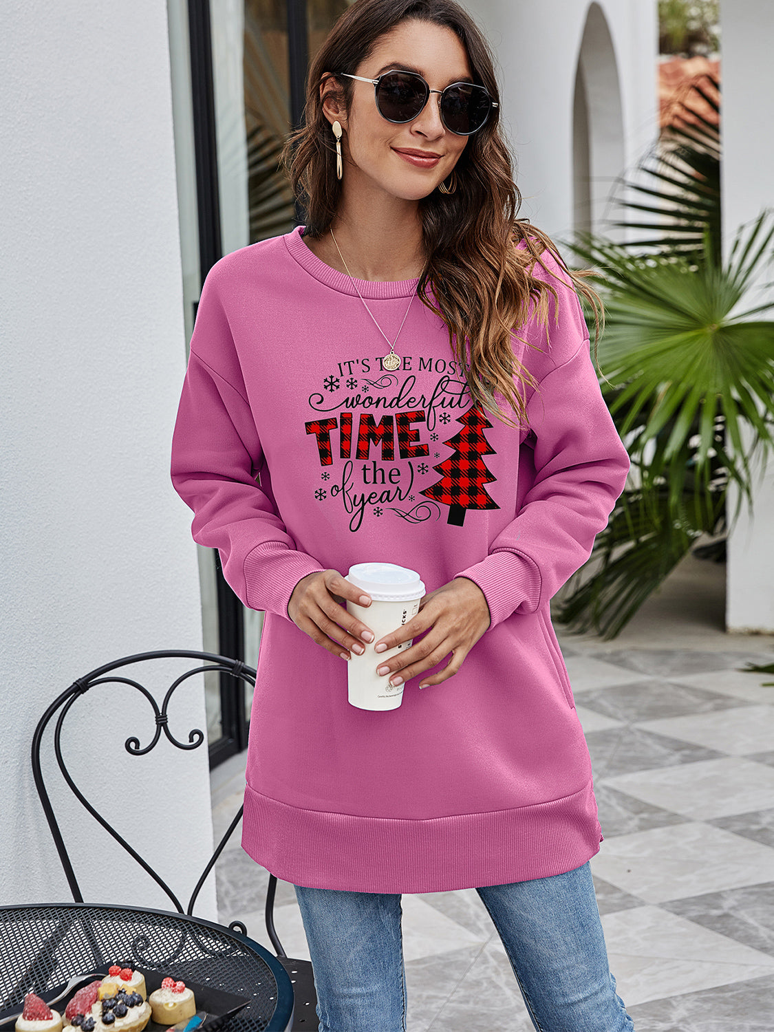 Dusty Pink tunic sweatshirt with holiday graphic and plaid Christmas tree detail.