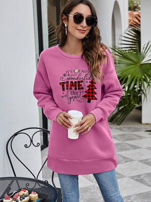 Dusty Pink tunic sweatshirt with holiday graphic and plaid Christmas tree detail.
