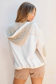 Quilted panel waffle knit hoodie in white, adjustable, casual cut