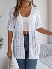 White open-knit chevron sleeve cardigan with short sleeves and an open front.