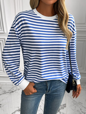 Horizontal stripe crewneck sweatshirt with white cuffs in Royal Blue and white.