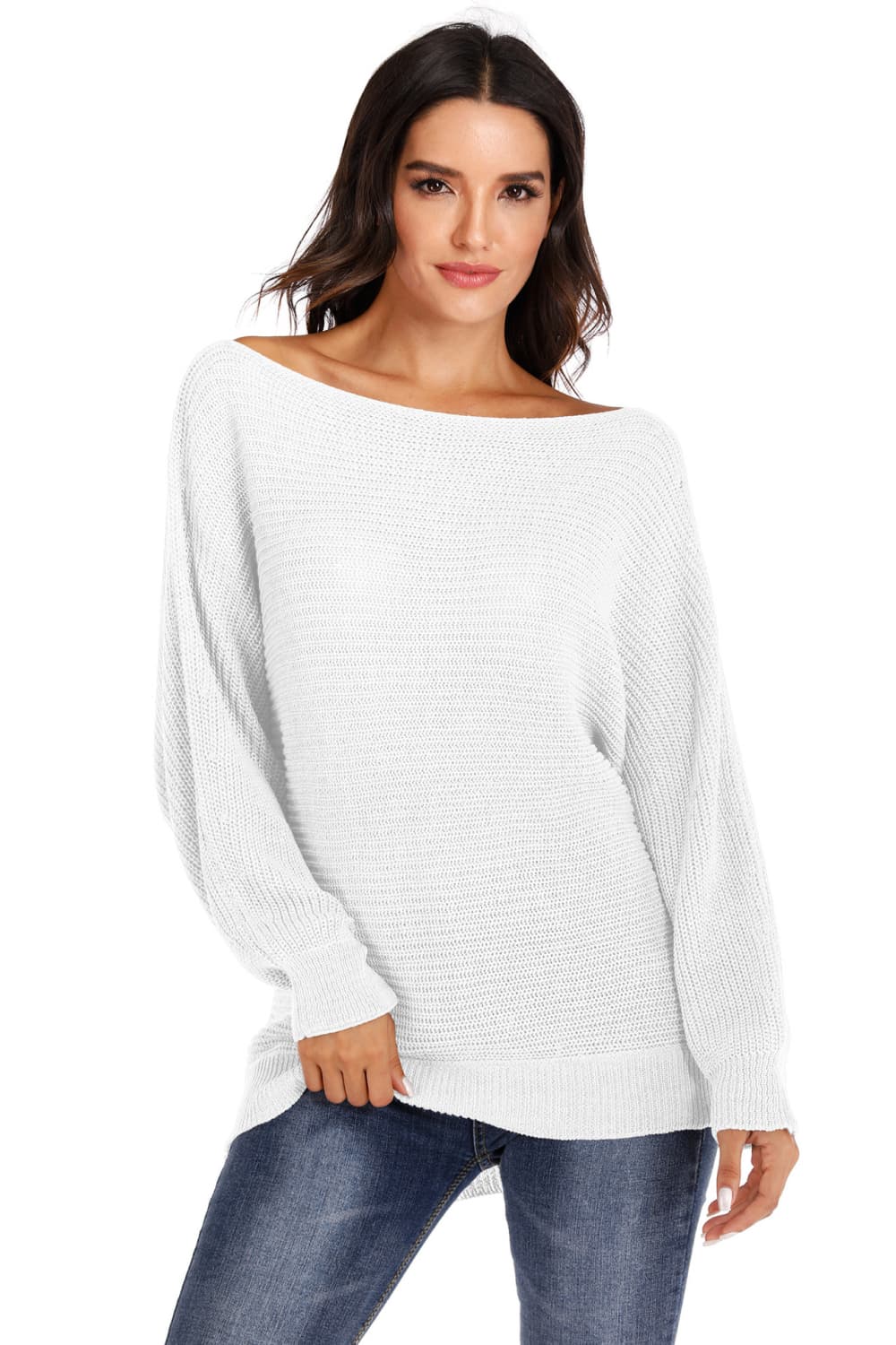 White off-shoulder batwing knit sweater with a relaxed fit and ribbed cuffs.