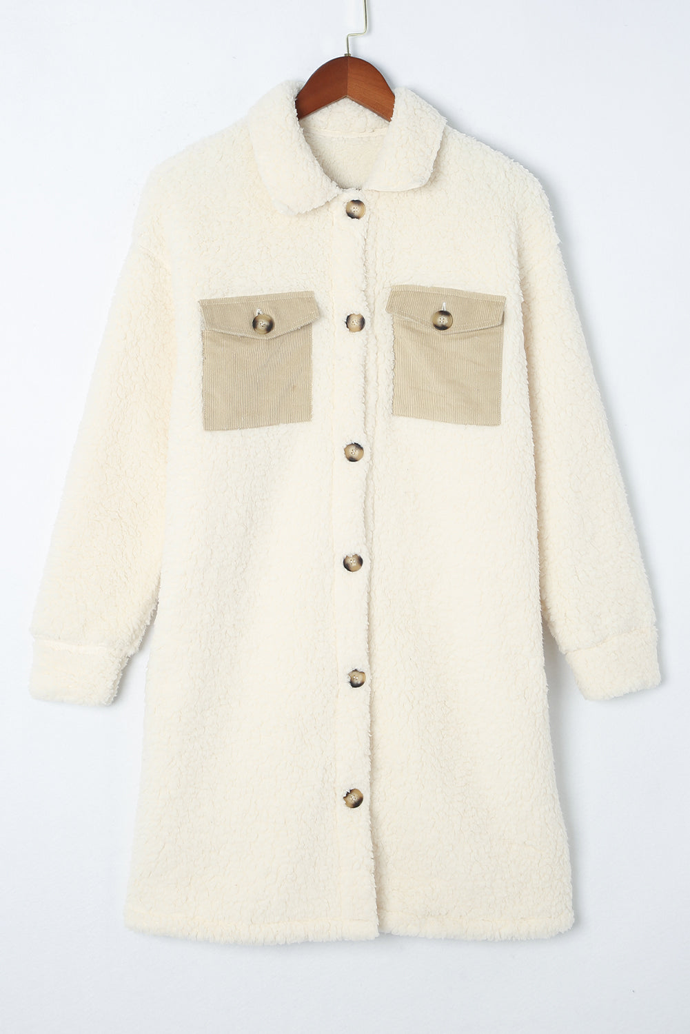 Beige sherpa coat with corduroy patch pockets and button front.