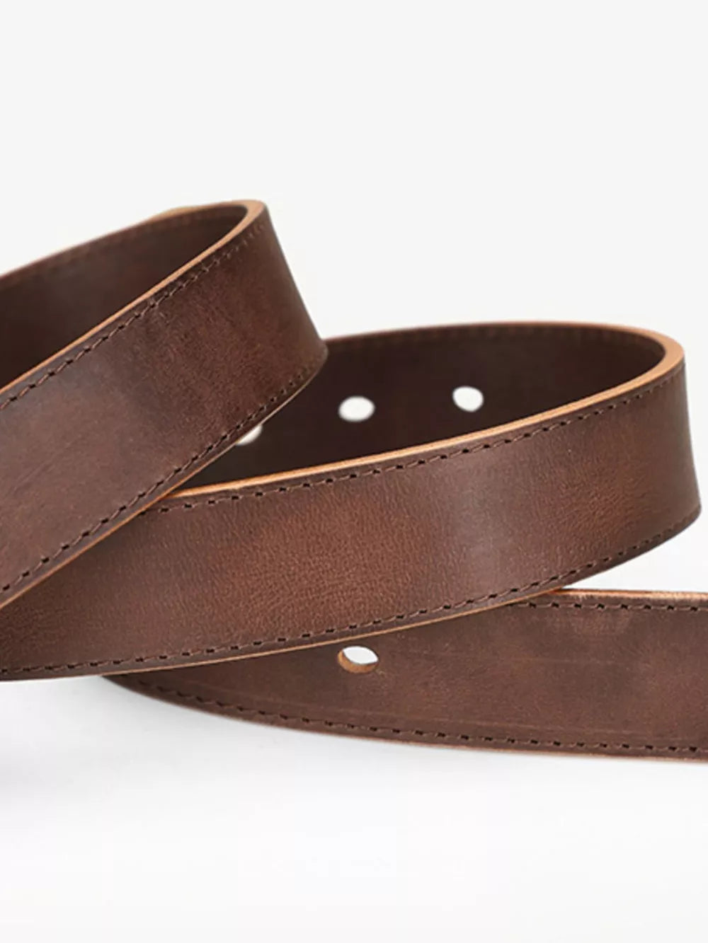 Brown cowhide leather belt with gold accents and visible stitching.