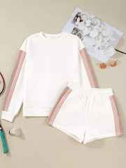 White cotton pullover and shorts set with blush pink color block stripes on sleeves and shorts.