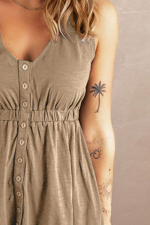 Khaki button-down mini dress with gathered waistline and V-neck