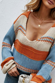 Deep Plunge Colorblock Knit Pullover in blue, cream, and orange stripes. Acrylic knit with wide neckline.