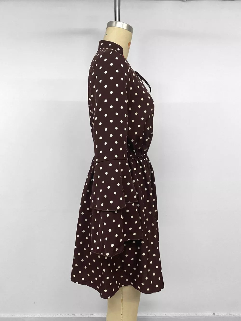 Polka Dot Flare Sleeve Tie Neck Dress in Coffee Brown, alternate angle