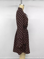 Polka Dot Flare Sleeve Tie Neck Dress in Coffee Brown, alternate angle