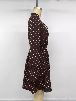 Polka Dot Flare Sleeve Tie Neck Dress in Coffee Brown, alternate angle