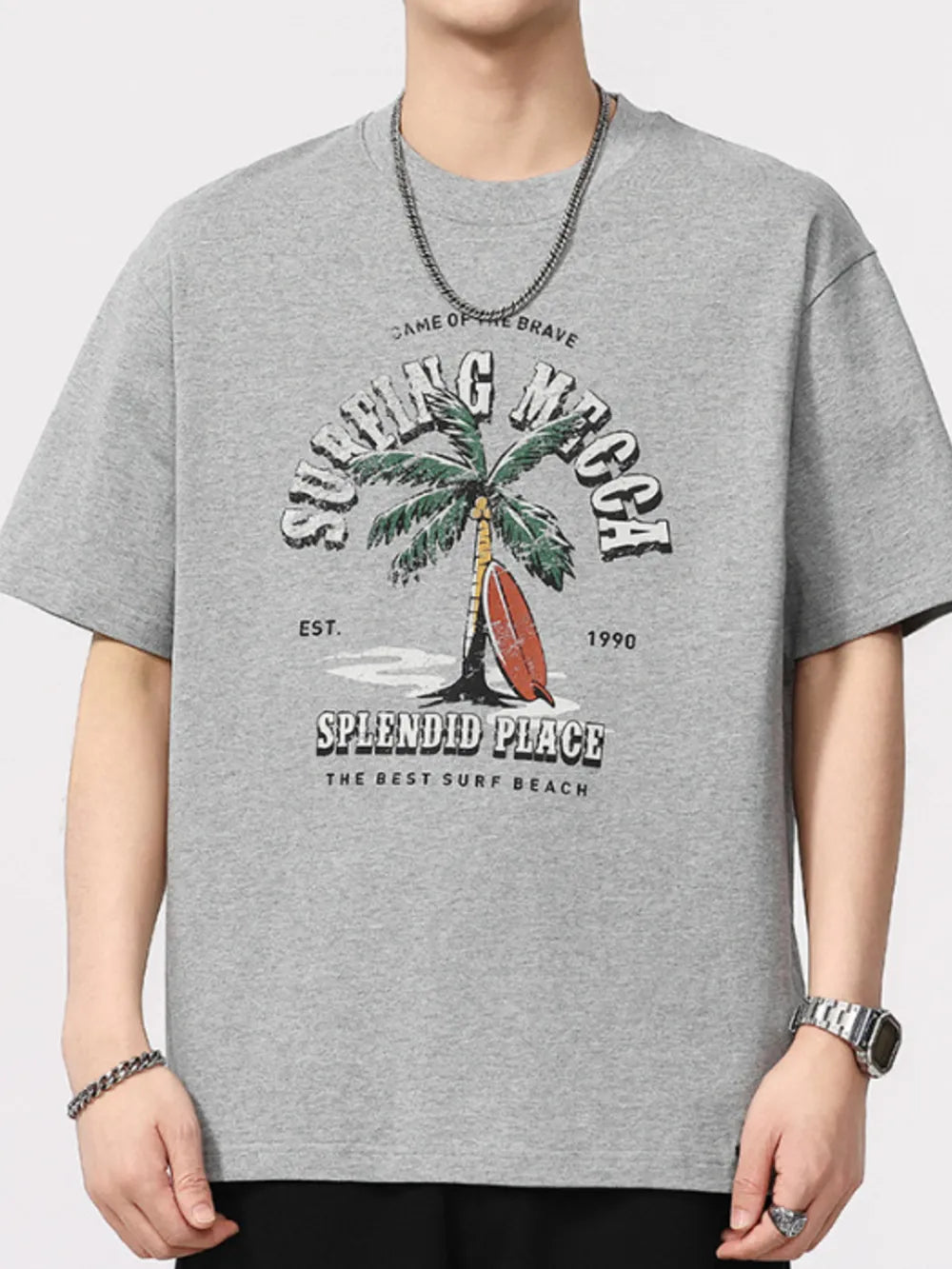 Grey cotton blend graphic tee for men with vintage palm tree and surfboard print.