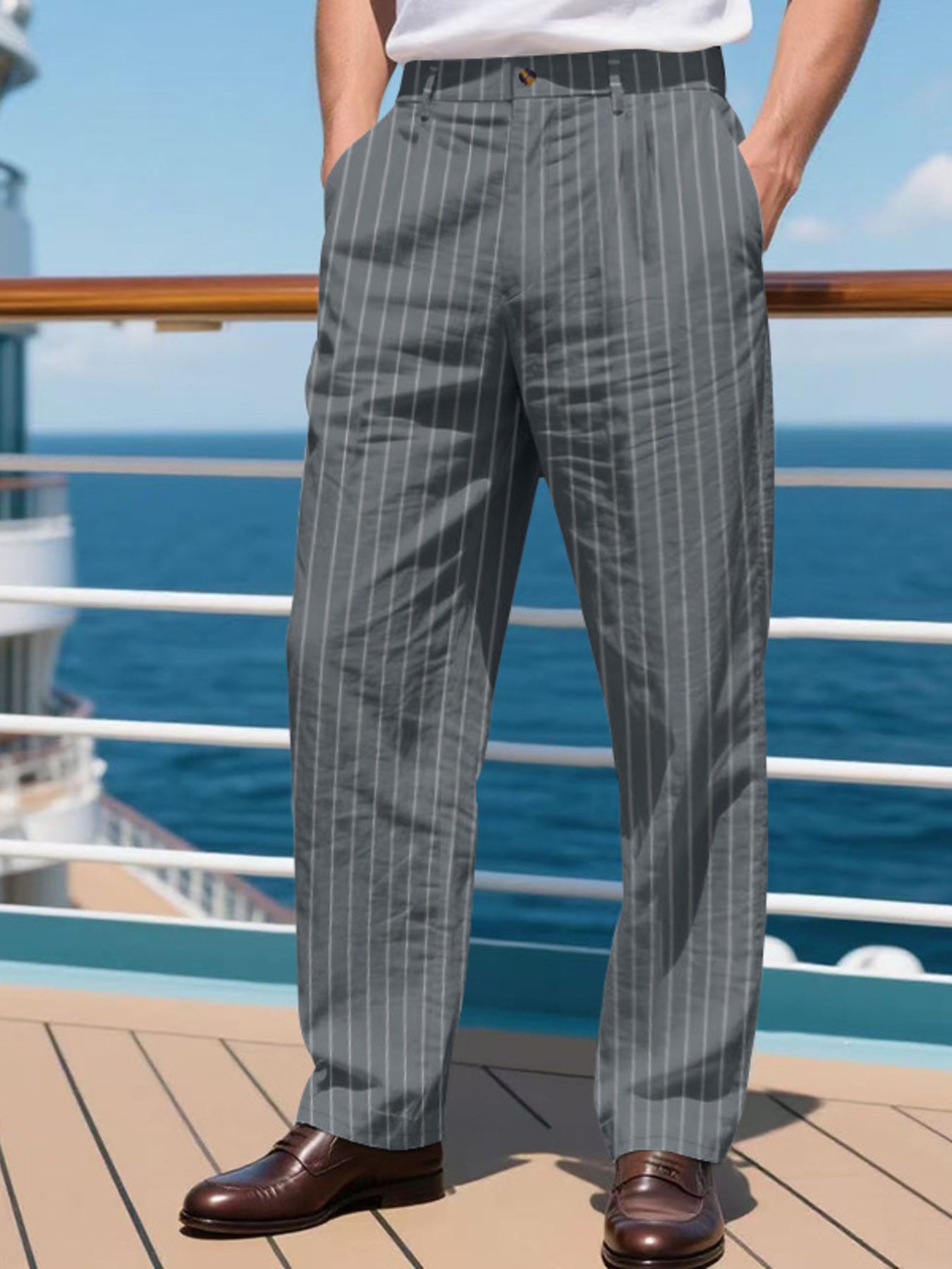 Grey pinstripe wide-leg sweatpants with a relaxed fit.