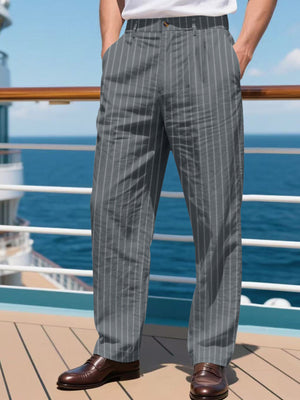 Grey pinstripe wide-leg sweatpants with a relaxed fit.