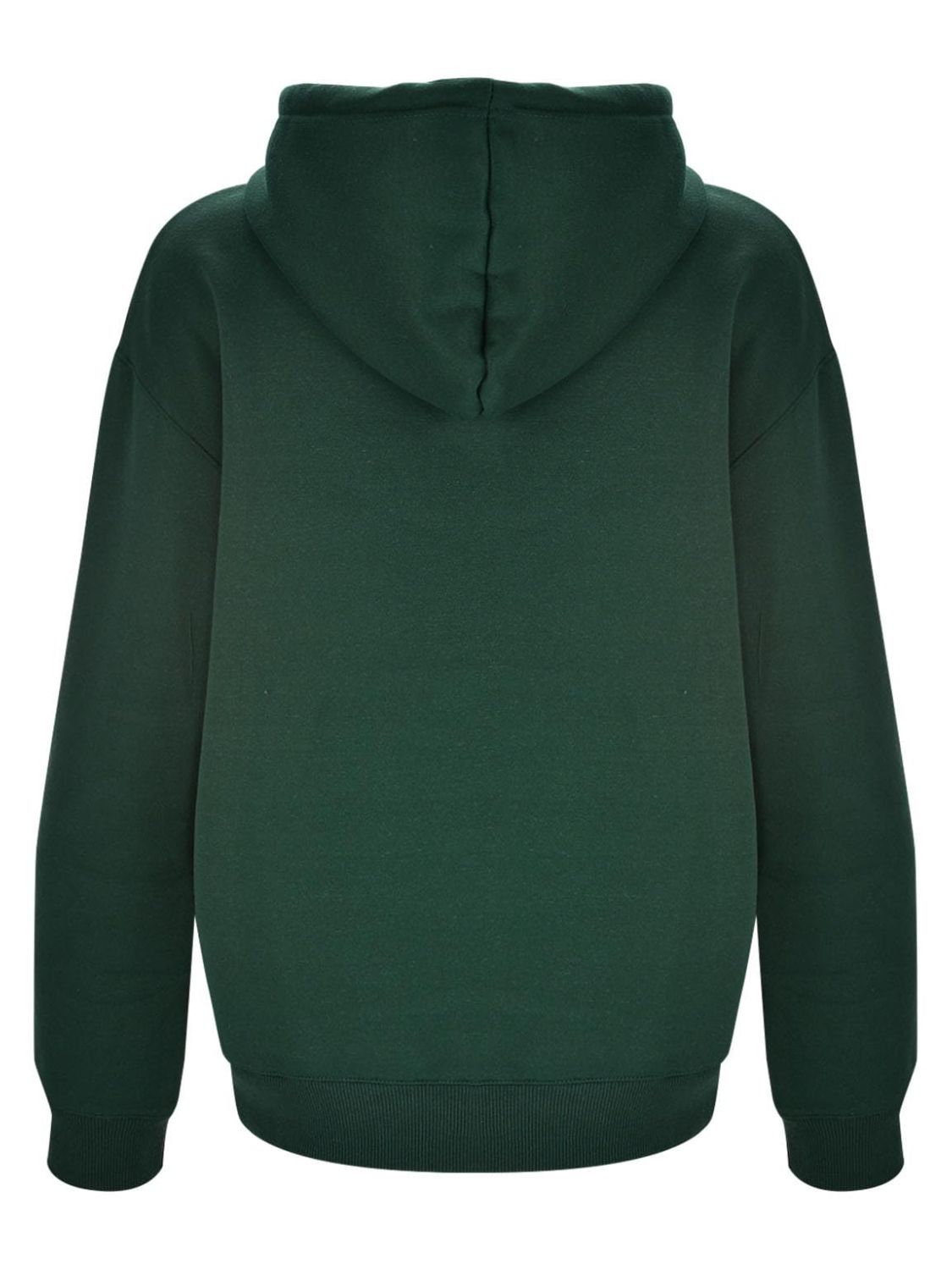 Dark green hoodie with hood and ribbed cuffs and hem.