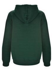 Dark green hoodie with hood and ribbed cuffs and hem.