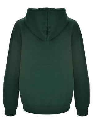 Dark green hoodie with hood and ribbed cuffs and hem.