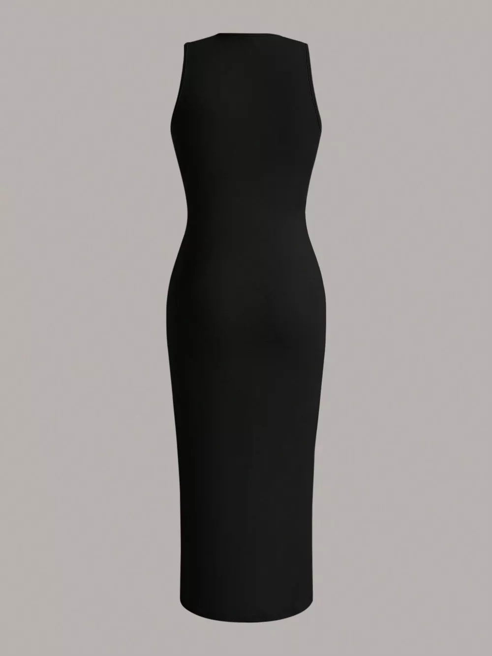 Sleeveless round neck midi dress in black, with a fitted silhouette.