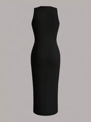 Sleeveless round neck midi dress in black, with a fitted silhouette.