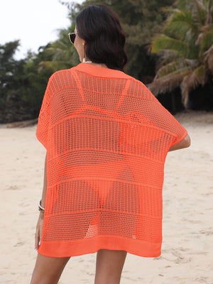 Orange open-knit polo beach dress with short sleeves and a relaxed fit, shown from the back.