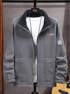 Men's grey fleece zip-up jacket with black collar and Norway patch detail.