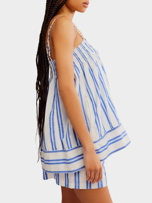 Blue striped smocked cami and shorts set with adjustable straps.