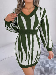 Army green and white zebra stripe knit fit-and-flare dress with V-neck and cinched waist.
