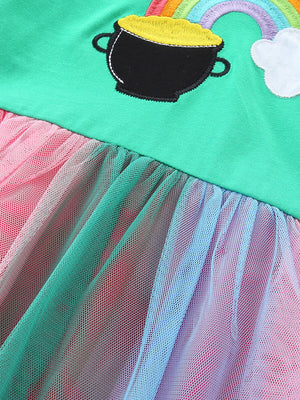 Green baby dress with rainbow, pot of gold embroidery & pastel tulle skirt.