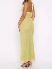 Halter Neck Crochet Maxi Dress in Yellow, product detail