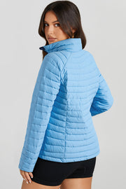 Pastel blue quilted stand collar puffer jacket with horizontal stitching detail.