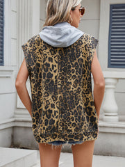 Leopard print denim utility vest with a grey removable hood, sleeveless.