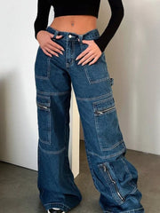 Dark blue denim wide leg cargo jeans with multiple zippered pockets.