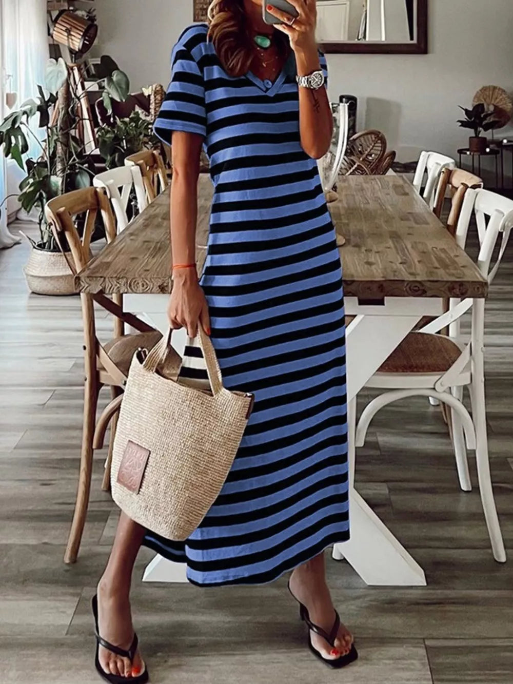 Full Size Striped V-neck Midi Dress With Side in Yellow, side view