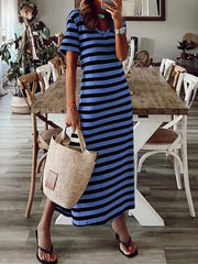 Full Size Striped V-neck Midi Dress With Side in Yellow, side view
