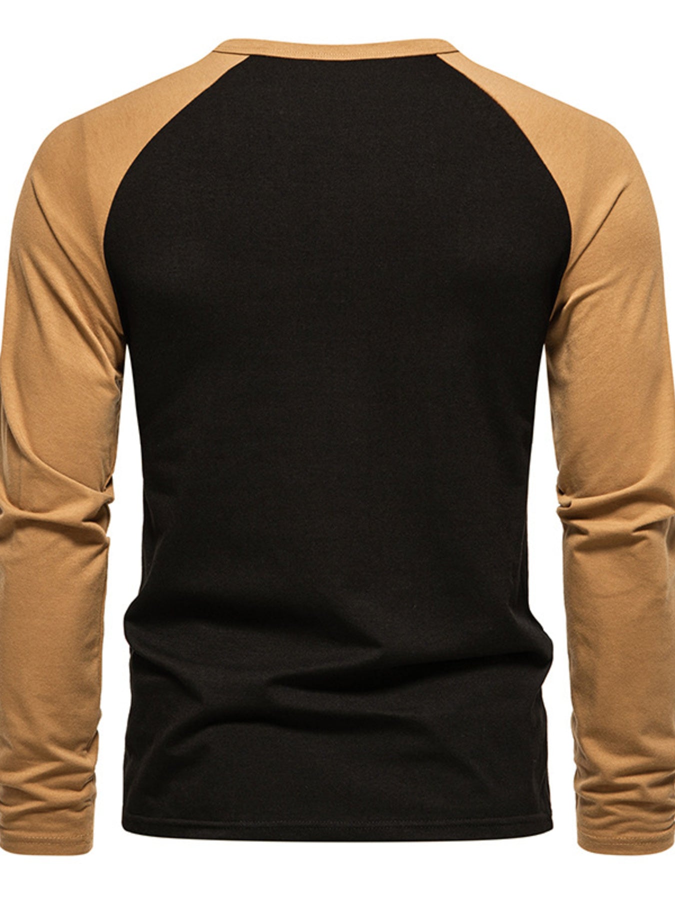Men's long sleeve t-shirt in black with tan raglan sleeves.